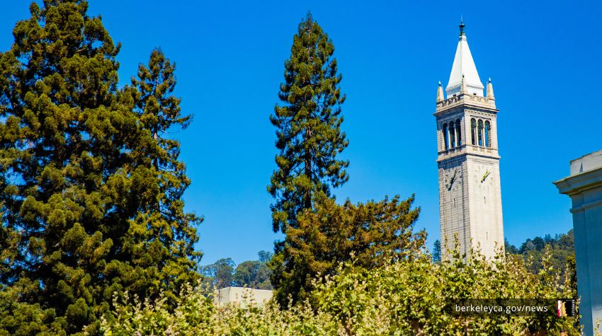 Sather Tower in front of a blue sky