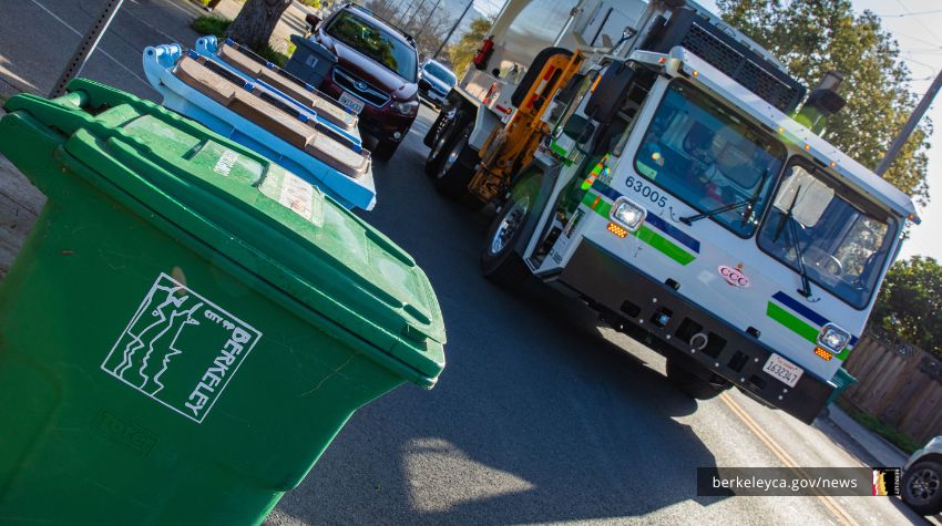 Trash truck approaches Berkeley waste bins